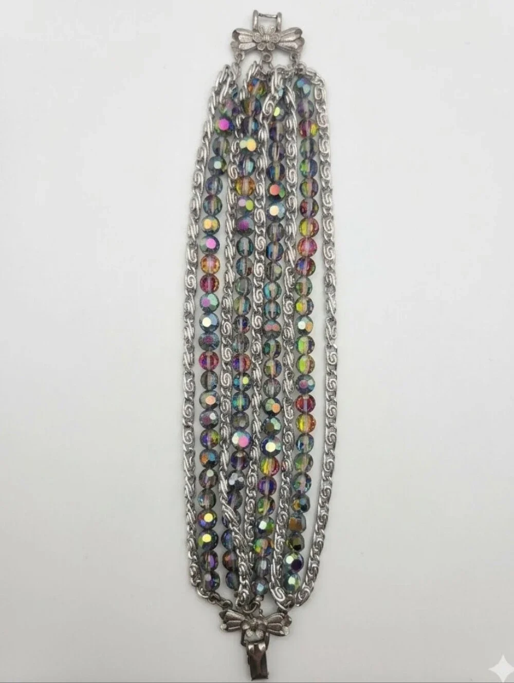 Stylish Multi-Row Iridescent Bead and Silver-Tone Bracelet